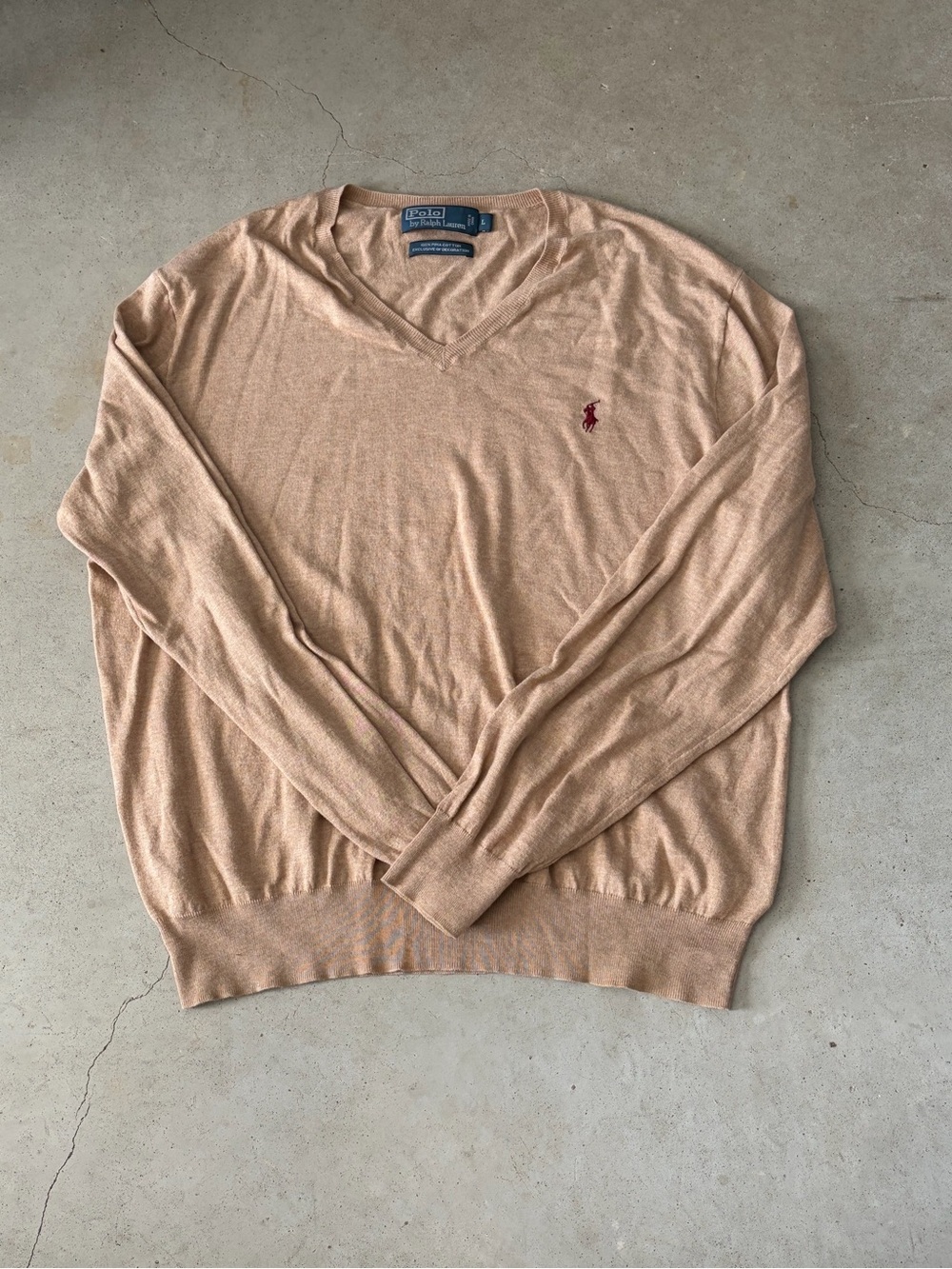 Polo Ralph Lauren 100% Pima Cotton V-Neck Sweater Tan Beige Mens L